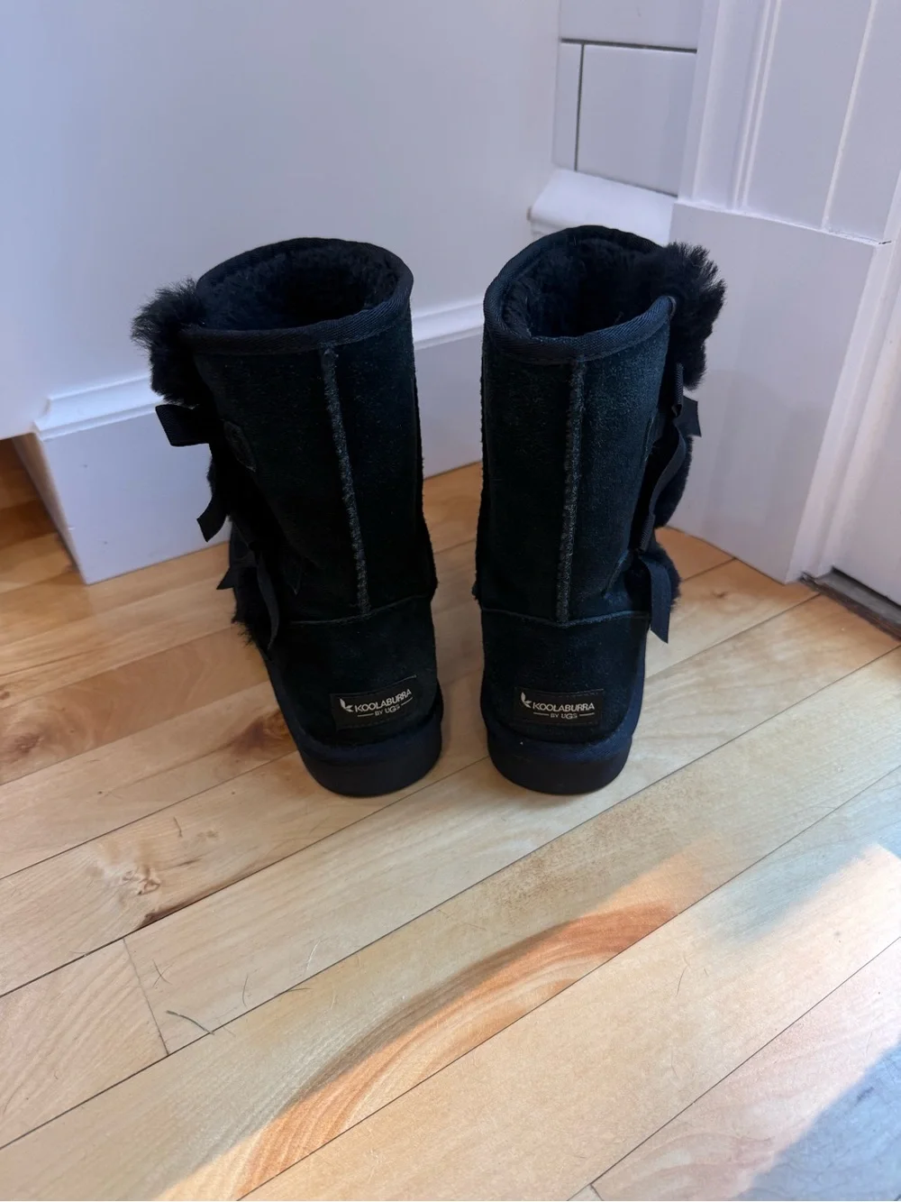 Koolaburra Black Suede Mid-Calf Boots with Side Bows and Shearling